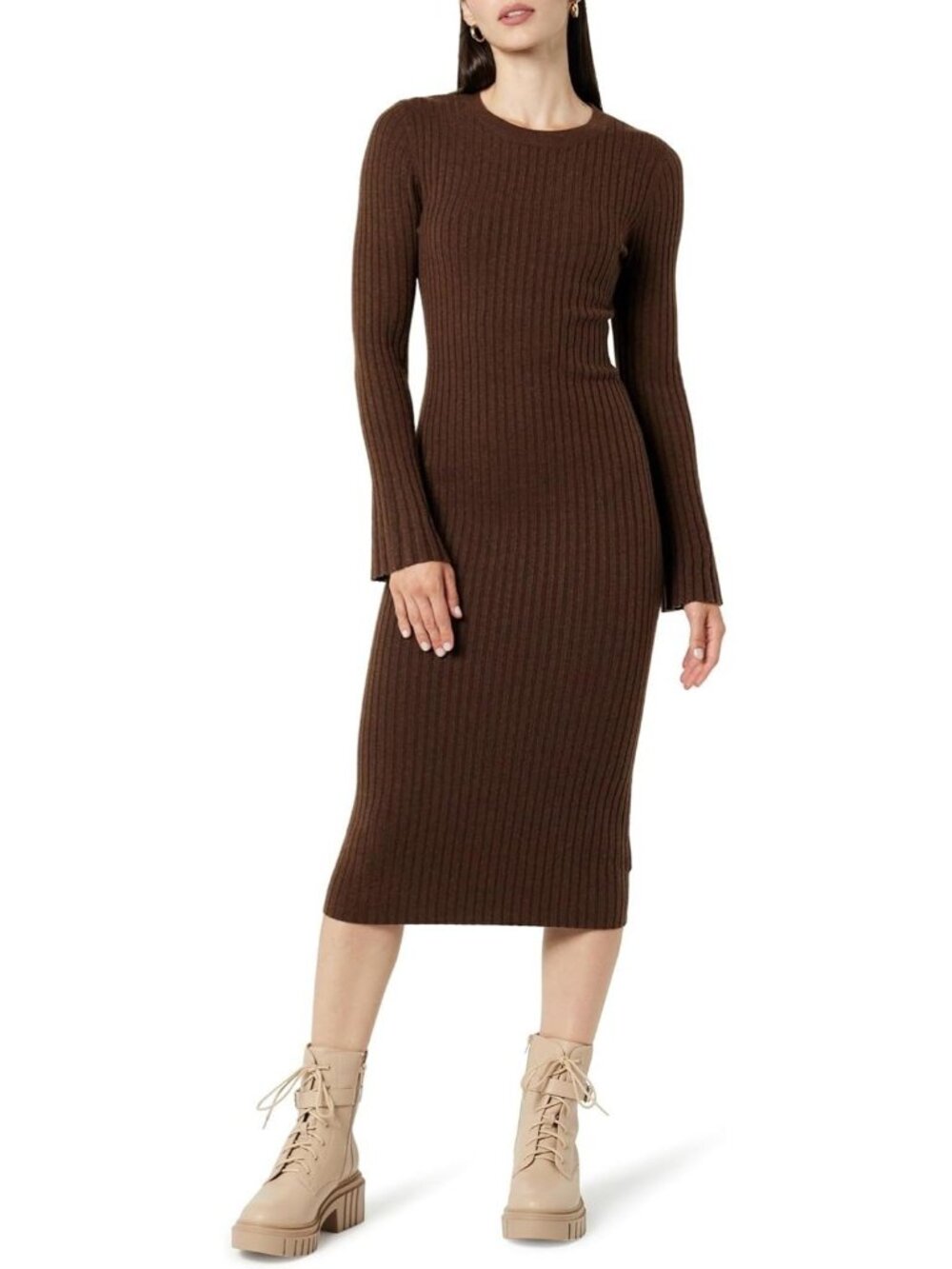 Brown Bodycon Medium Round Neck Ribbed Knit Midi Sweater Long Sleeve Dress